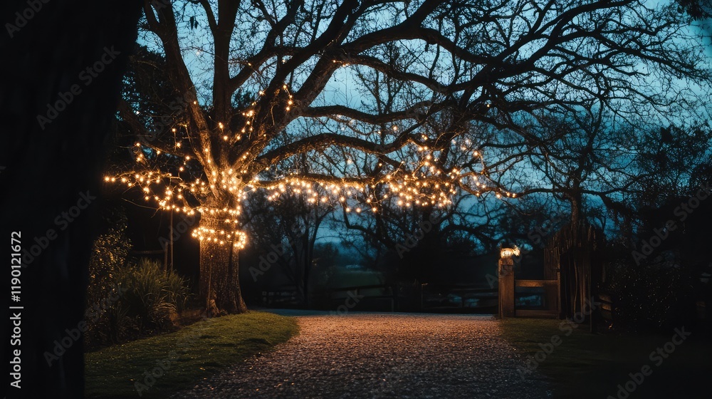 Poster a view of a tree lit with bright lights, creating a glowing effect in the night, with ample space fo