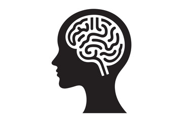 Human head profile with brain symbol, black icon vector illustration 