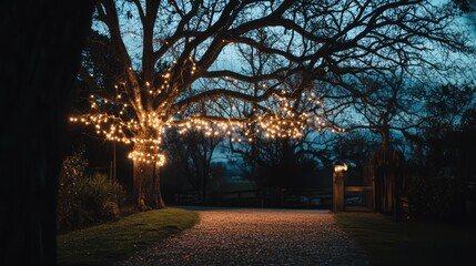 Fototapeta premium A view of a tree lit with bright lights, creating a glowing effect in the night, with ample space for copy to the side