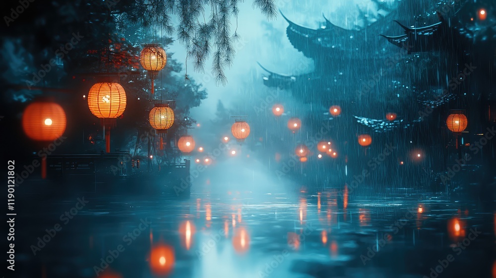 Poster a view of softly glowing lanterns, creating a serene and magical scene with plenty of open space for