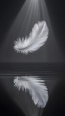 Naklejka premium Delicate white feather in serene reflection