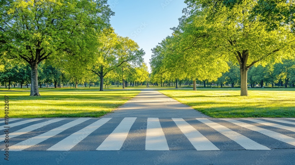 Poster a wide-angle view of a crosswalk leading into an urban green space with trees, pathways, and open sk