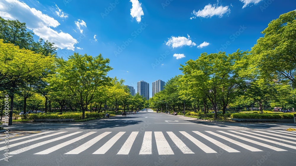 Poster a wide-angle view of a crosswalk leading into an urban green space with trees, pathways, and open sk