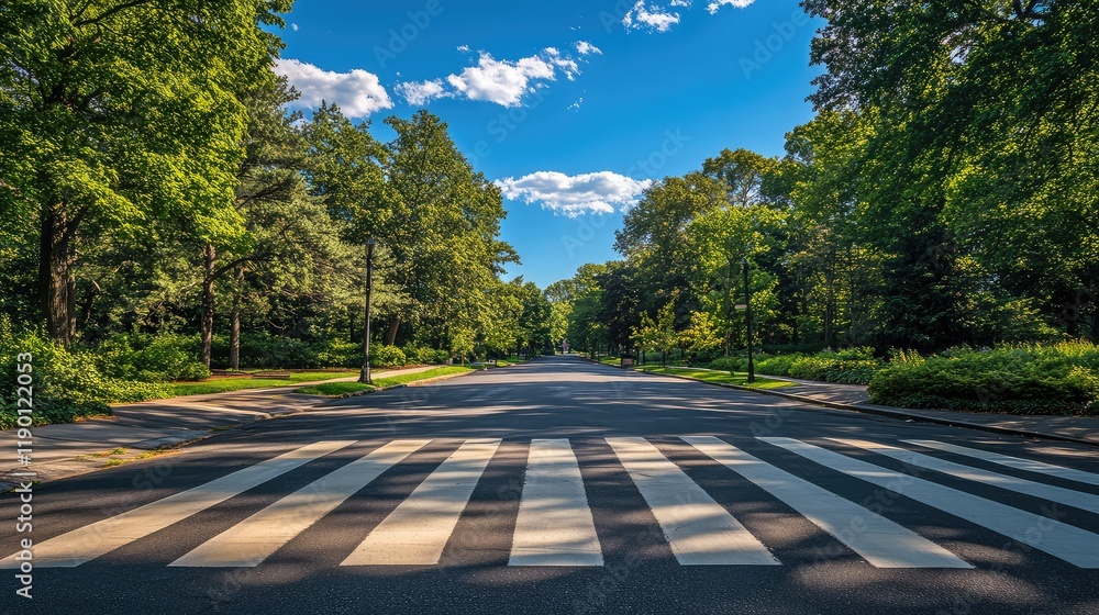 Poster a wide-angle view of a crosswalk leading into an urban green space with trees, pathways, and open sk