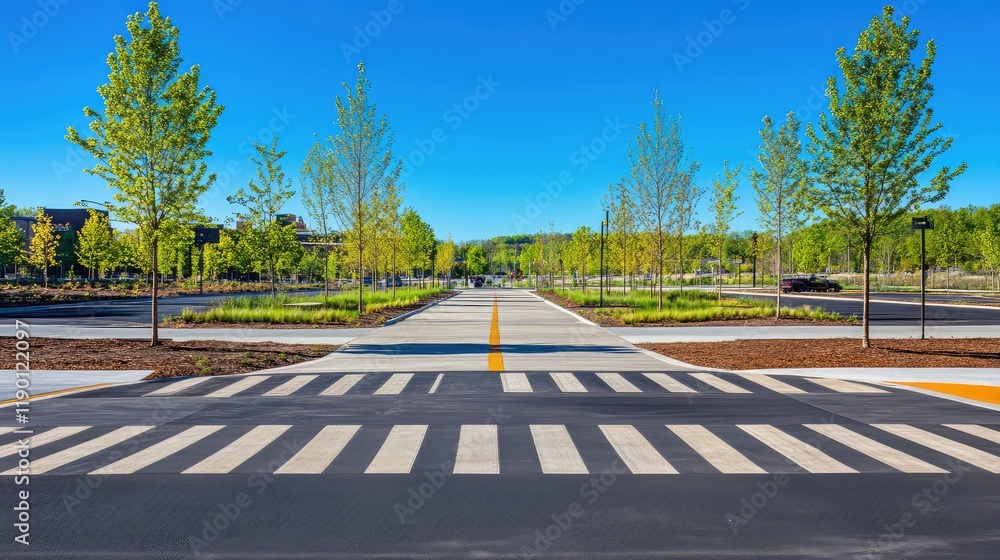 Poster a wide-angle view of a crosswalk leading into an urban green space with trees, pathways, and open sk