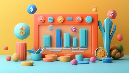 Vibrant 3D Render of Financial Growth and Success, featuring colorful charts, currency symbols, and playful design elements.