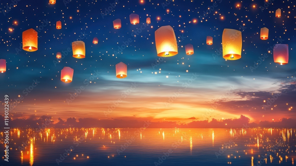 Poster a wide shot of colorful lanterns floating in the sky, glowing softly, with space for copy in the bot