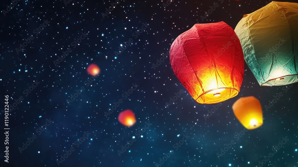 Poster a wide shot of colorful lanterns floating in the sky, glowing softly, with space for copy in the bot