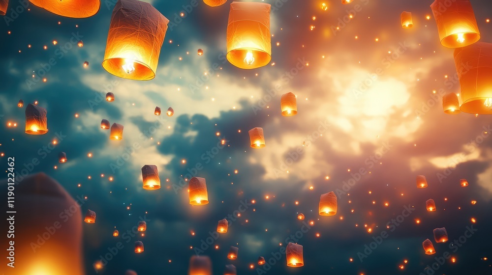 Poster a wide shot of colorful lanterns floating in the sky, glowing softly, with space for copy in the bot