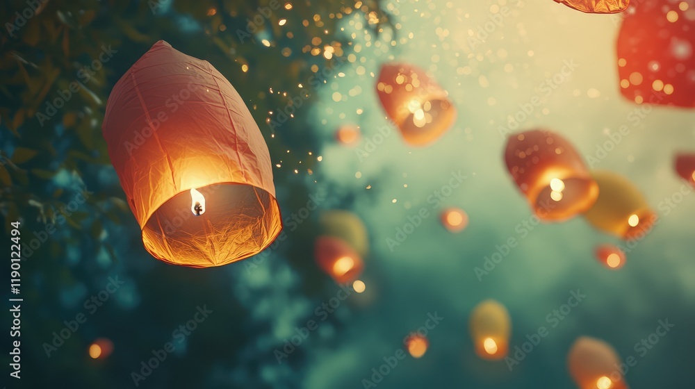 Poster a wide shot of colorful lanterns floating in the sky, glowing softly, with space for copy in the bot