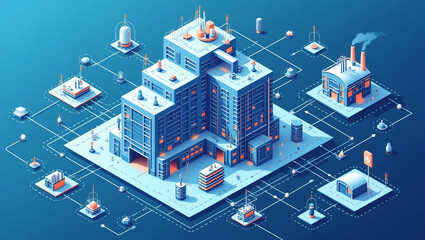 Futuristic Smart Factory Isometric Illustration with IoT Integration,