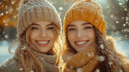 outdoors flying snowflakes cheerful beautiful young women having fun in winter par