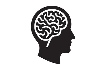 Human head profile with brain symbol, black icon vector illustration