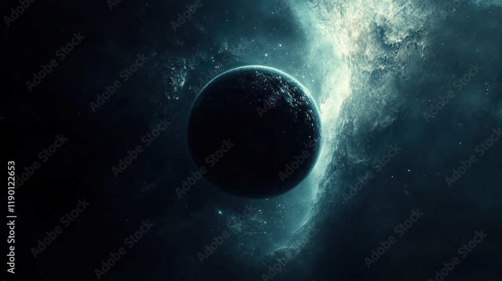 Poster mysterious dark planet orbiting celestial nebula a cosmic wonder in deep space exploration