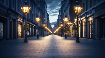 Fototapeta premium A wide view of a quiet city street at night with glowing lamp posts, casting a golden light on empty sidewalks, with open copy space