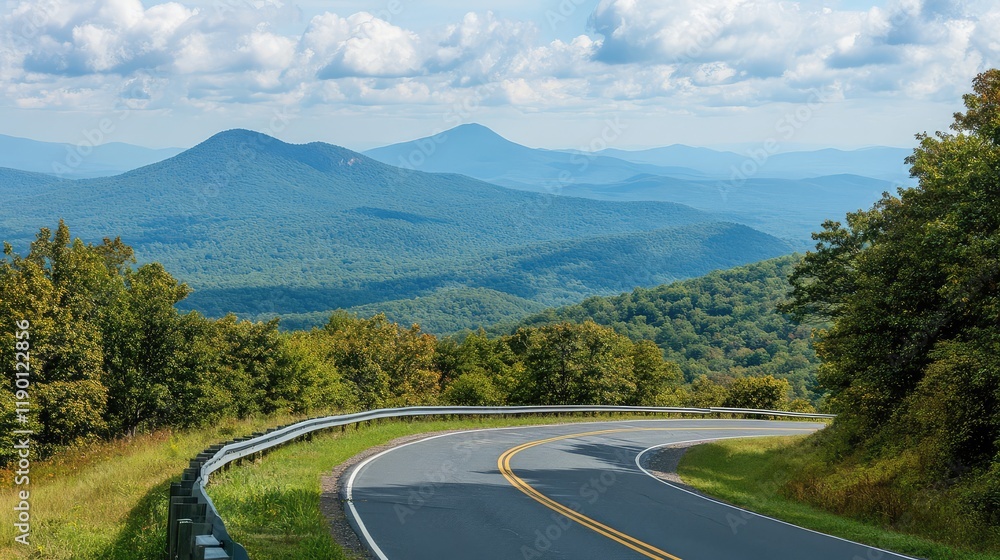 Poster a winding intersection on a mountain highway with guardrails, sharp curves, and dramatic views of su