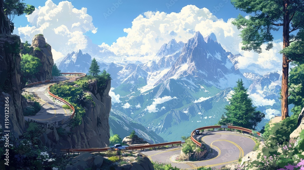 Poster a winding intersection on a mountain highway with guardrails, sharp curves, and dramatic views of su