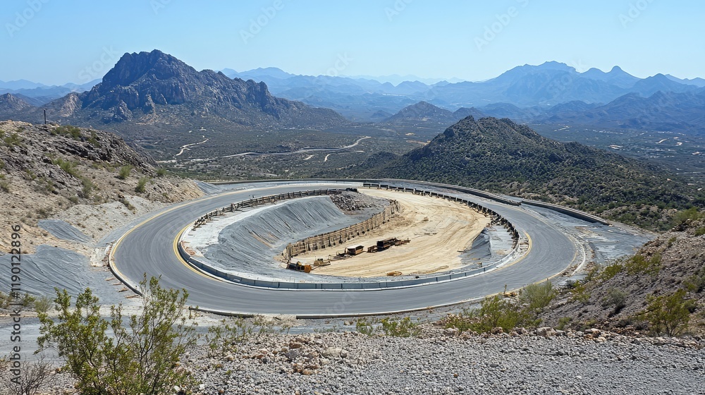 Poster a winding intersection on a mountain highway with guardrails, sharp curves, and dramatic views of su