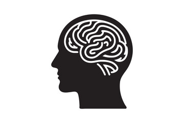 Human head profile with brain symbol, black icon vector illustration