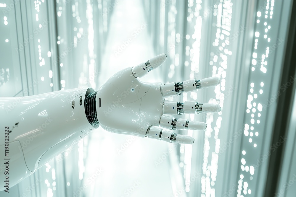Poster robotic hand reaches for futuristic data streams in a technological advancement