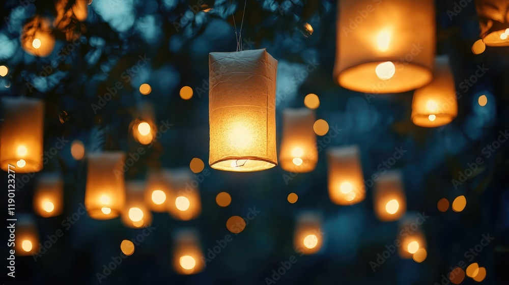 Poster bamboo lanterns floating gently in the air, glowing softly in the night with ample space for text in
