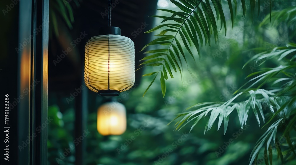 Poster bamboo lanterns floating gently in the air, glowing softly in the night with ample space for text in