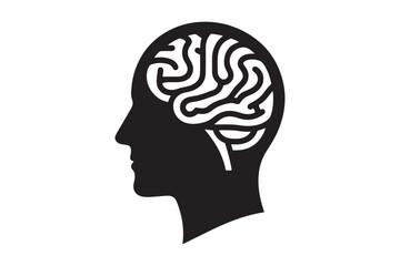 Human head profile with brain symbol, black icon vector illustration