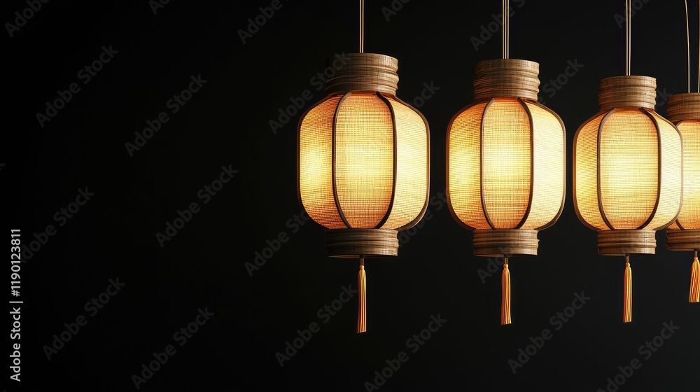 Poster bamboo lanterns hanging in a row, casting a soft glow against a black backdrop, with plenty of space