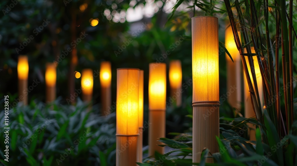 Poster bamboo lanterns illuminating a garden, their soft glow creating a calm atmosphere with ample space f