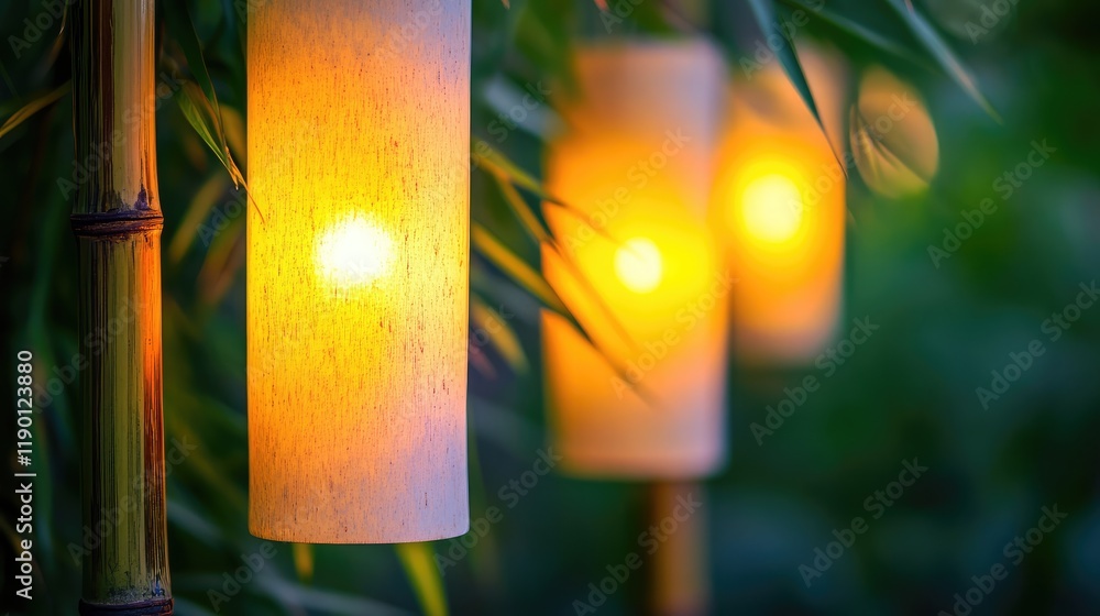 Poster bamboo lanterns illuminating a garden, their soft glow creating a calm atmosphere with ample space f
