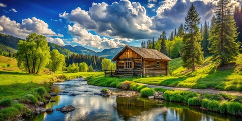 Fototapeta premium Dreamy cottage nestled in surreal rustic hills, clouds drift over a flowing stream.