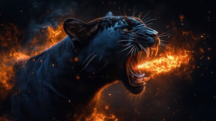 Fiery black panther roaring flames.