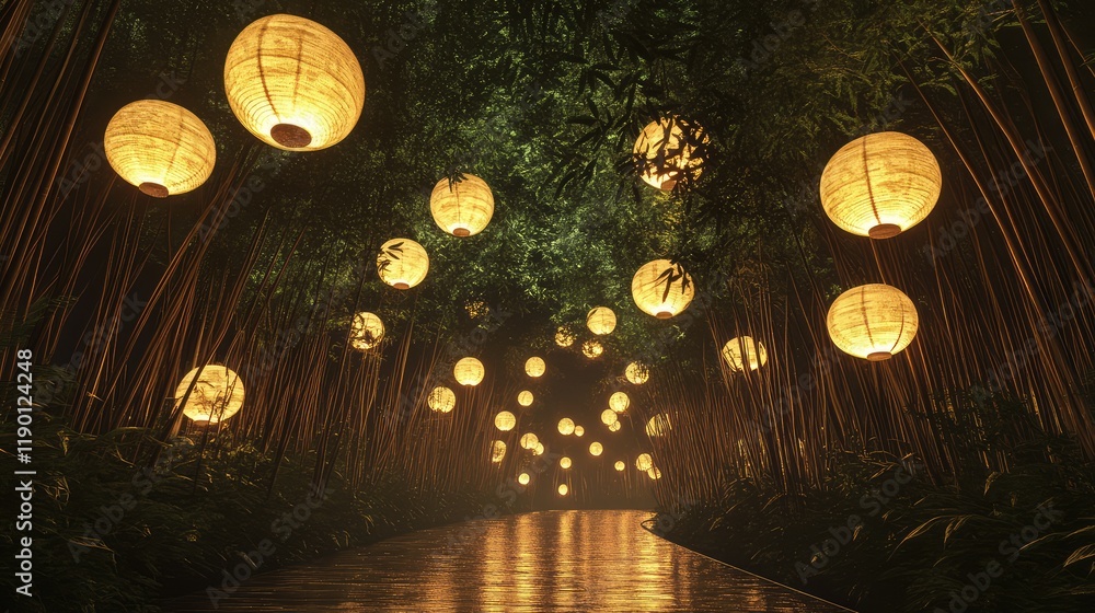 Poster bamboo lanterns suspended over a path, glowing softly with reflections on the ground and space for t