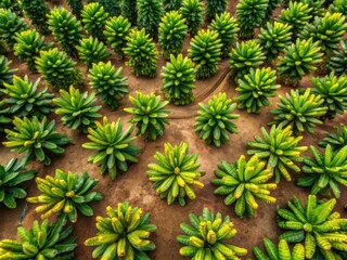 Drone view: A vibrant tropical banana plantation, lush green leaves contrasting with ripe yellow bananas against a beige earth.