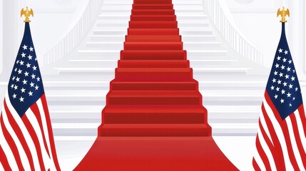 Presidential staircase with red carpet and U.S. flags