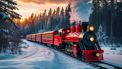 A vintage black steam locomotive powers through a snowy winter landscape