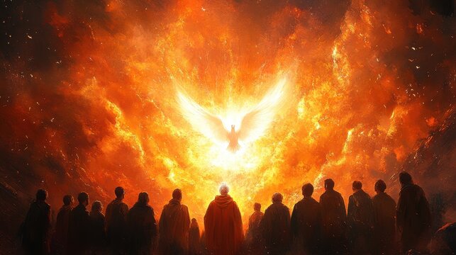 pentecost the descent of the holy spirit on the followers people in front of a bright fire with white dove in the flames digital painting