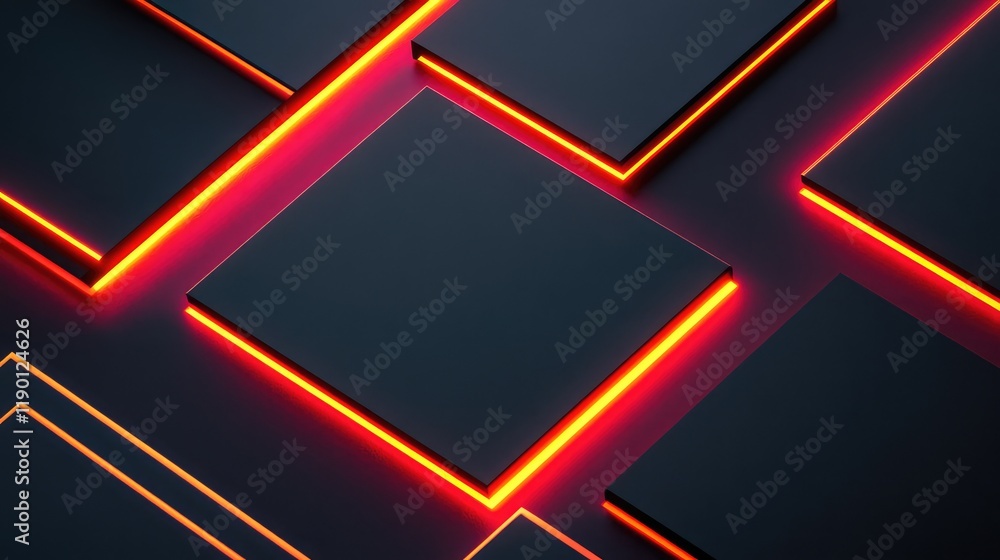 Poster close-up of glowing custom shape lights arranged in a square pattern, with ample copy space on the s