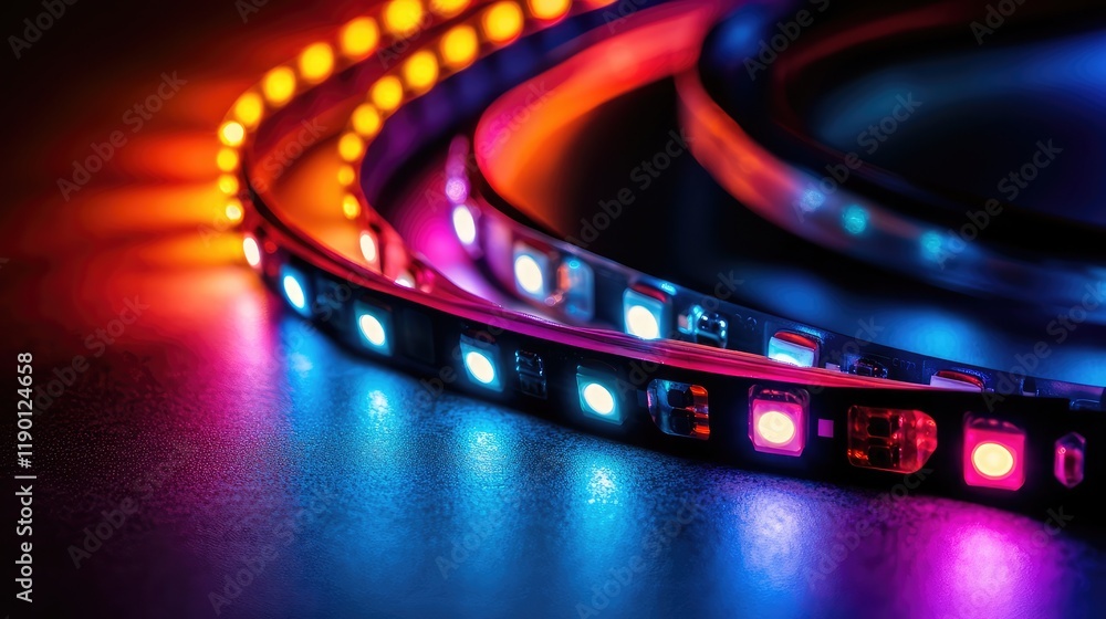 Aufkleber close-up of glowing, multicolored led lights forming intricate patterns on a dark surface, with ampl