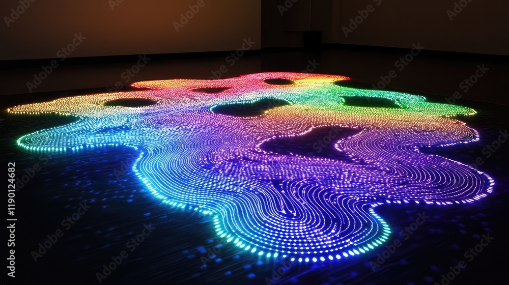 Aufkleber close-up of glowing, multicolored led lights forming intricate patterns on a dark surface, with ampl