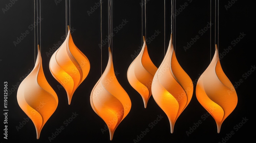 Aufkleber custom shaped lights hanging from thin strings, glowing softly against a black backdrop with room fo
