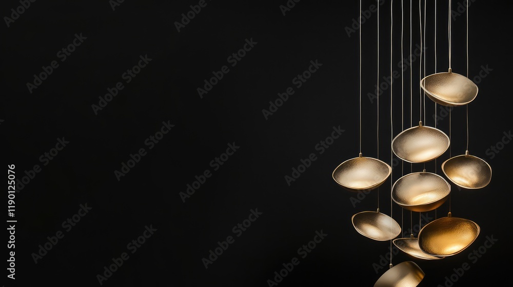 Poster custom shaped lights hanging from thin strings, glowing softly against a black backdrop with room fo