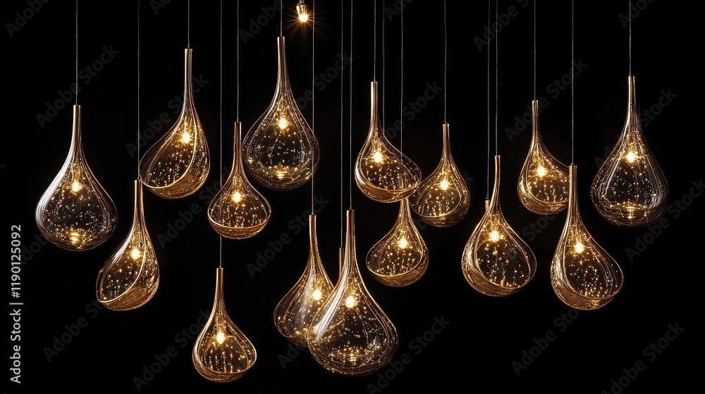 Aufkleber custom shaped lights hanging from thin strings, glowing softly against a black backdrop with room fo