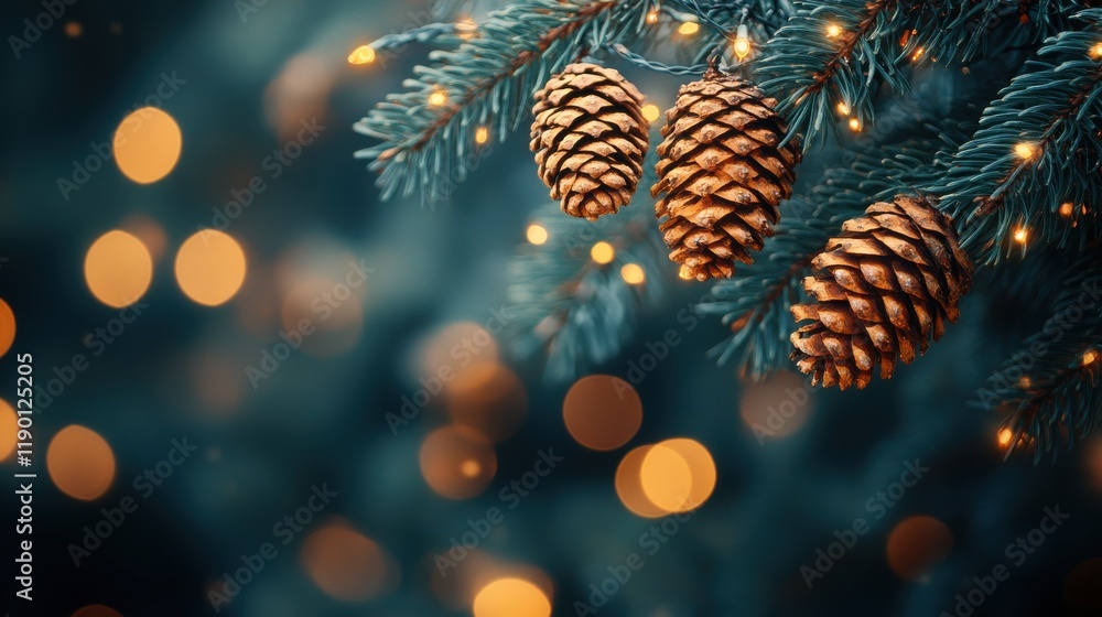 Poster pine tree branches with cones and bokeh lights christmas background