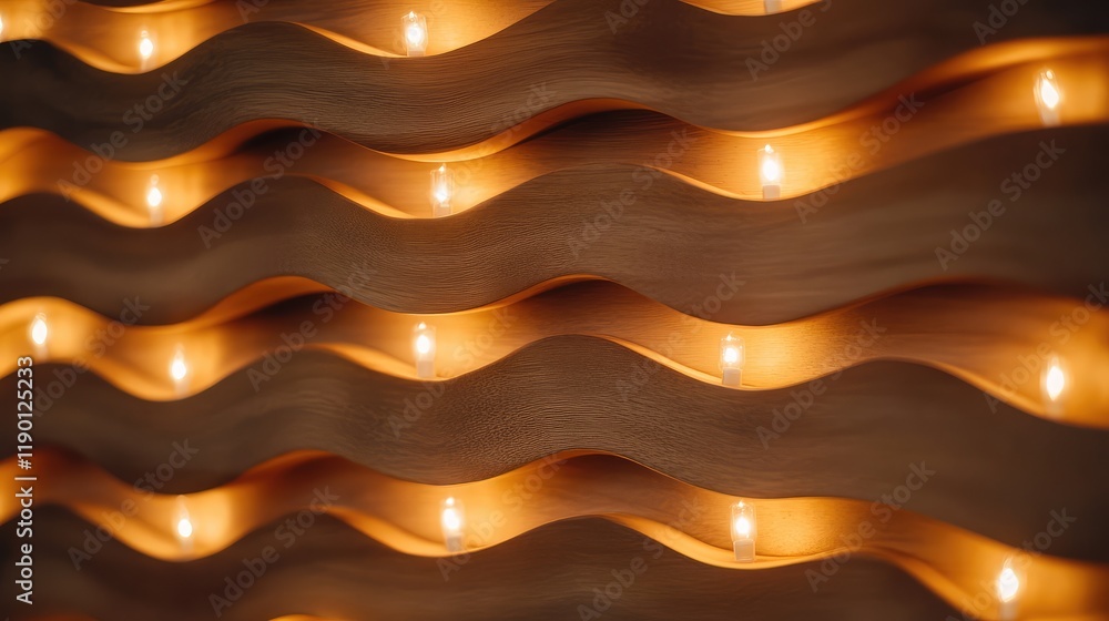 Poster custom shape lights arranged in a wave-like formation, glowing softly with clear space for copy in t