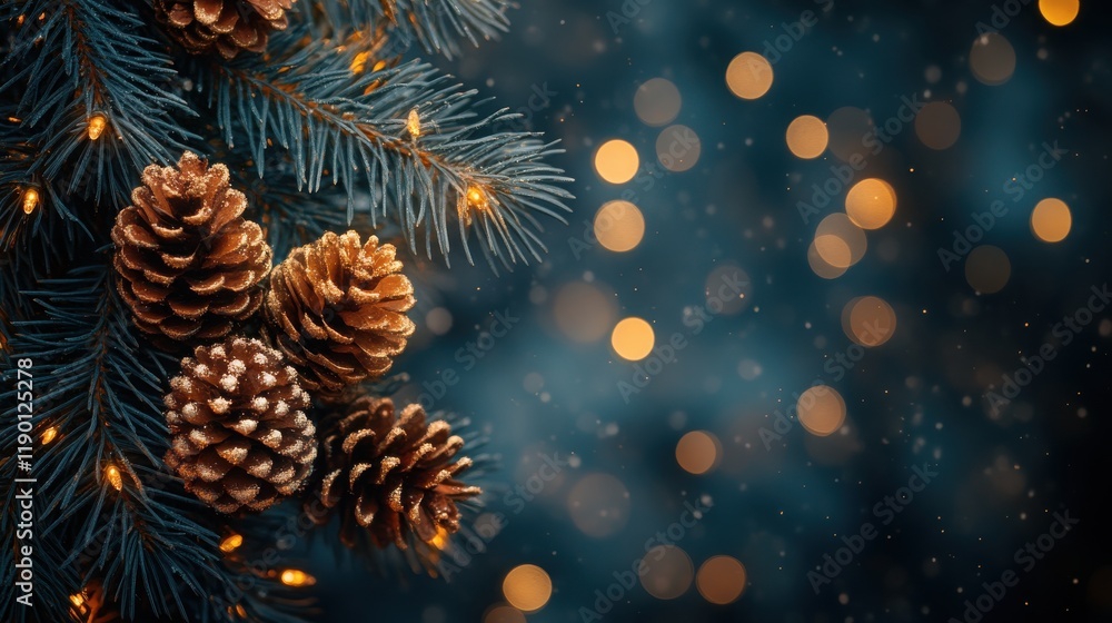 Aufkleber pine tree branches with cones and bokeh lights christmas background