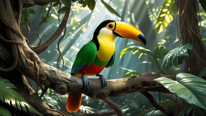Obraz premium A colorful toucan perched on a branch in a lush forest.