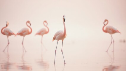 Obraz premium Graceful pink flamingos wade in the tranquil lake, their vibrant feathers a spectacle of nature's beauty