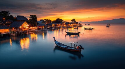 Scenic sunset at koh samui fishing village with tranquil waters