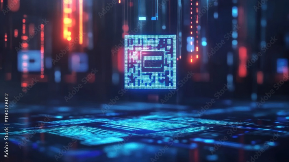 Poster futuristic qr code hologram floating above a circuit board digital technology background